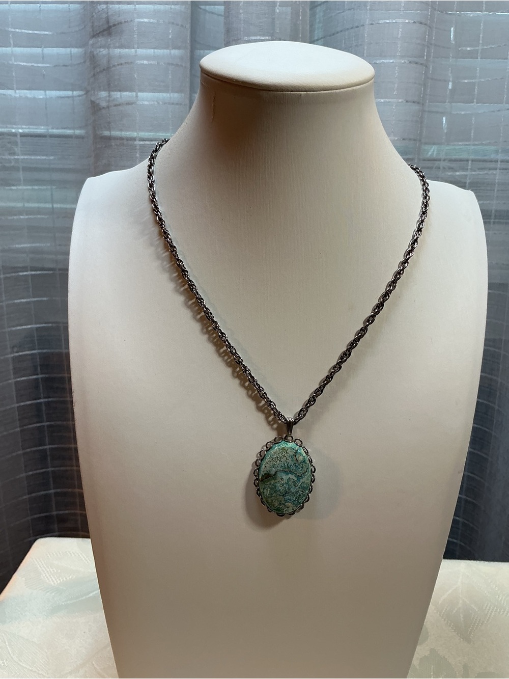 Ocean Jasper Oval Silver Tone Pendant Necklace